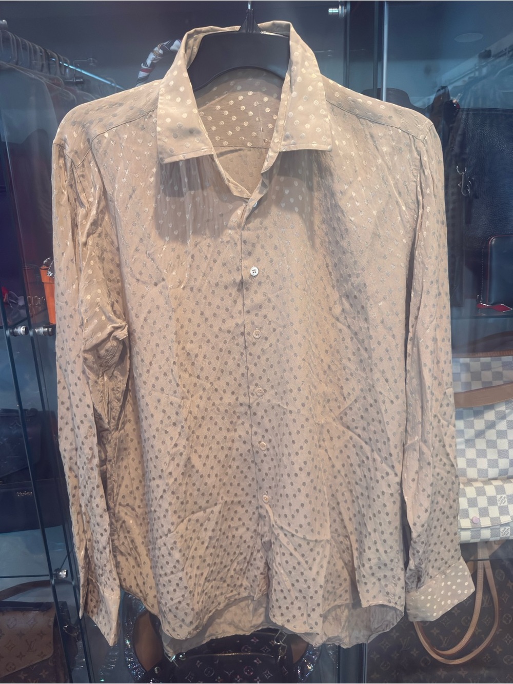 Jed Lapidus Men's Beige Polka Dot Dress Shirt - Classic Long Sleeve Button-Down